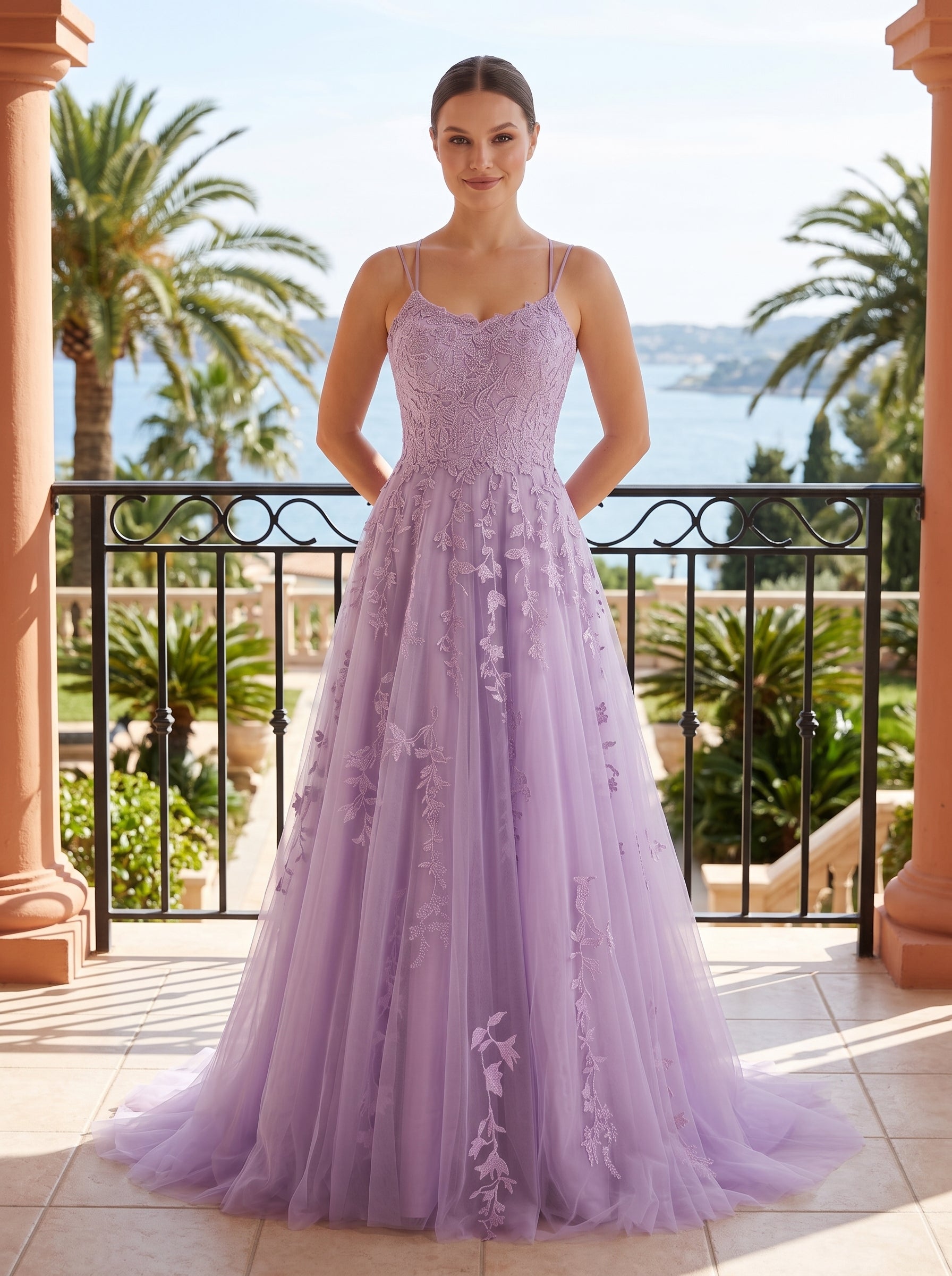 Lilac Tulle A-Line V-Neck Lace-up Floor-Length Dress with Floral Appliques