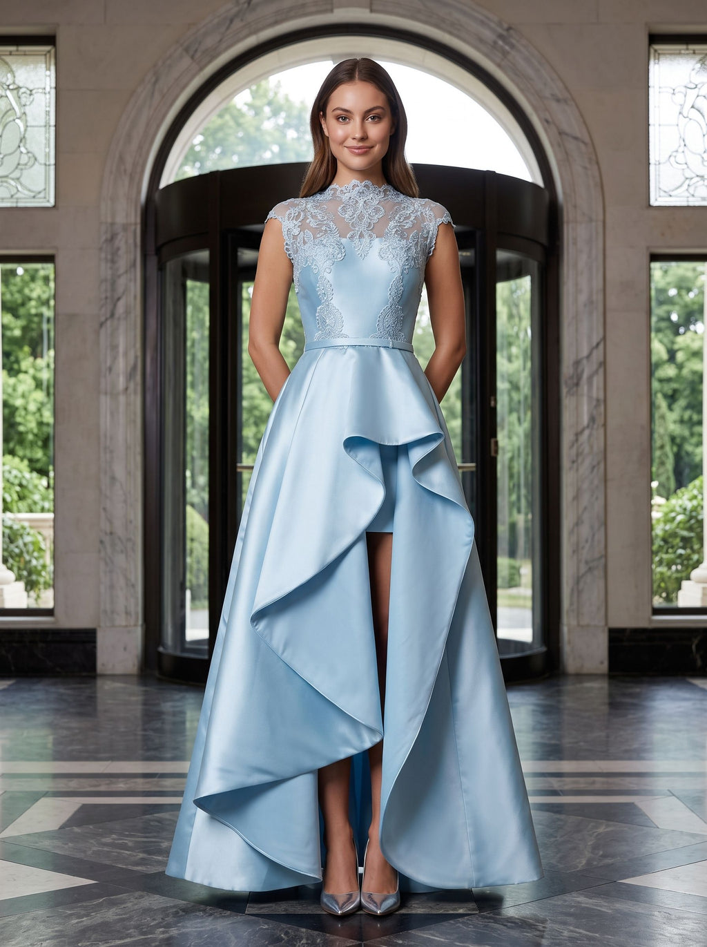 Sky Blue Satin A-Line Scoop Neck Back Zip Floor-Length Dress with Lace Applique Bodice and Side Slit