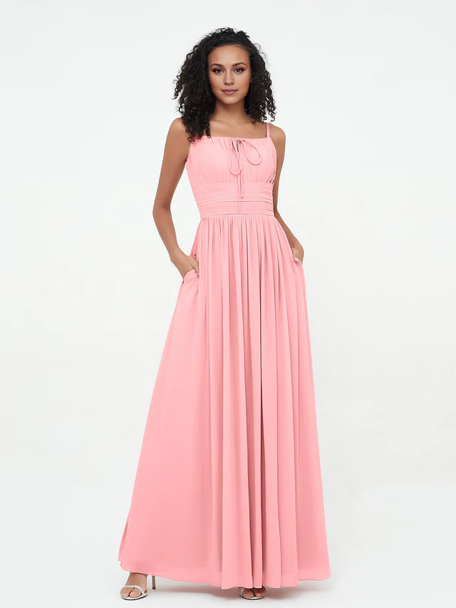 Chiffon Spaghetti-Strap Ruched Bodice Pocketed A-Line Floor-Length Bridesmaid Dresses