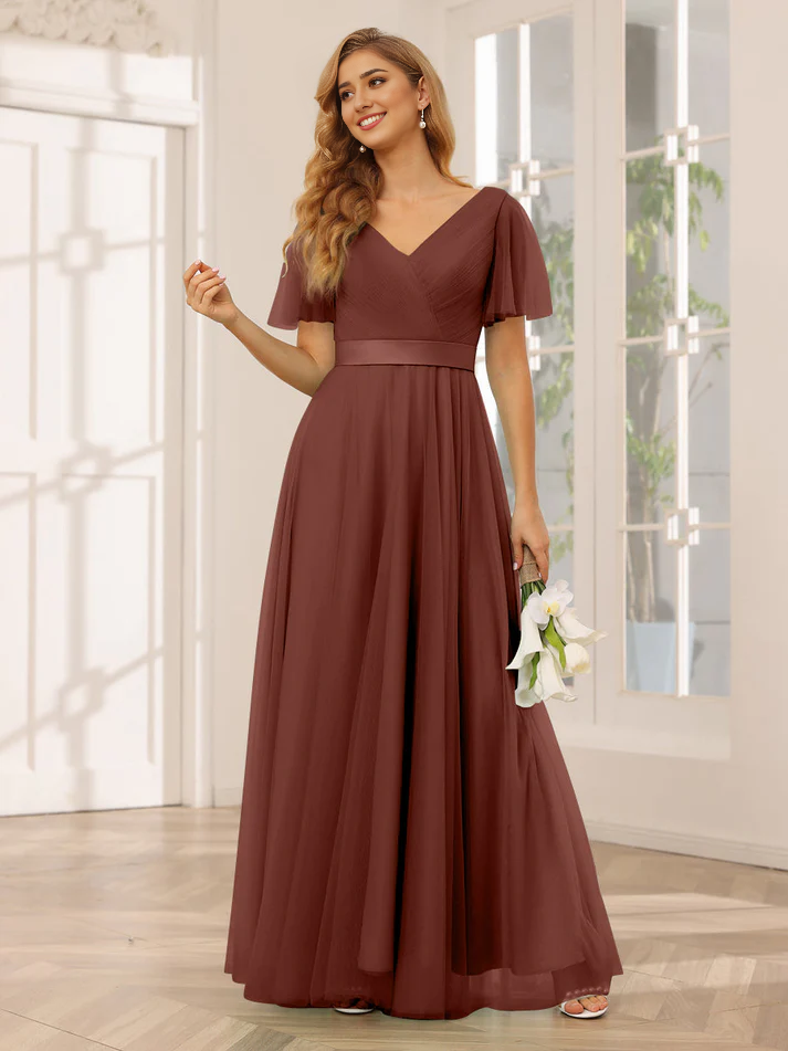 Chiffon Short-Sleeve V-Neck Belted Bodice A-Line Floor-Length Romantic Bridesmaid Dress