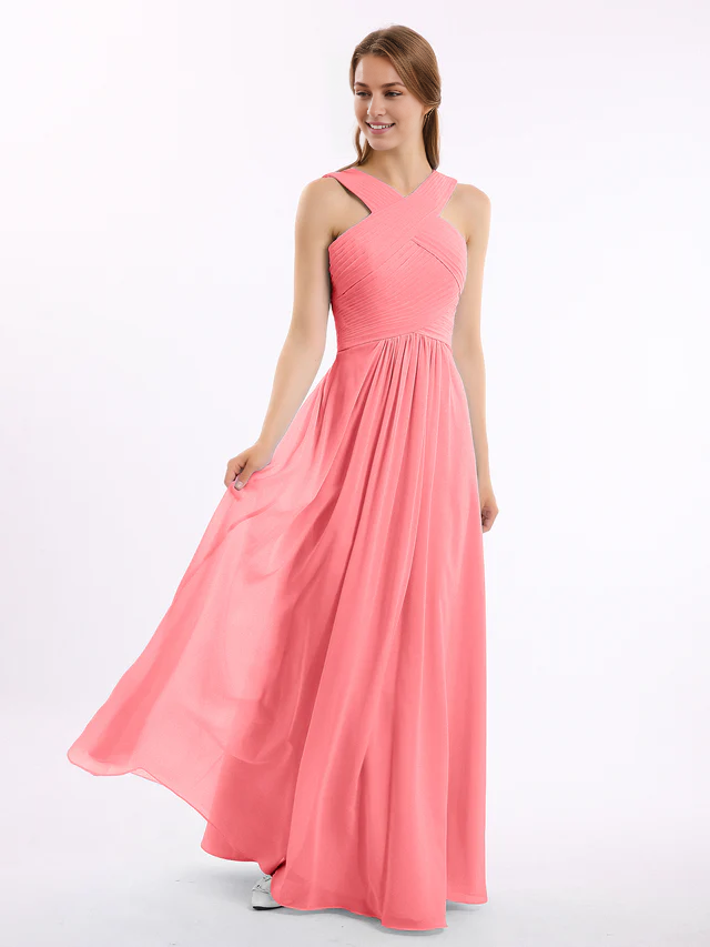 Chiffon Cross-Back Sleeveless Ruched Bodice A-Line Floor-Length Bridesmaid Dresses