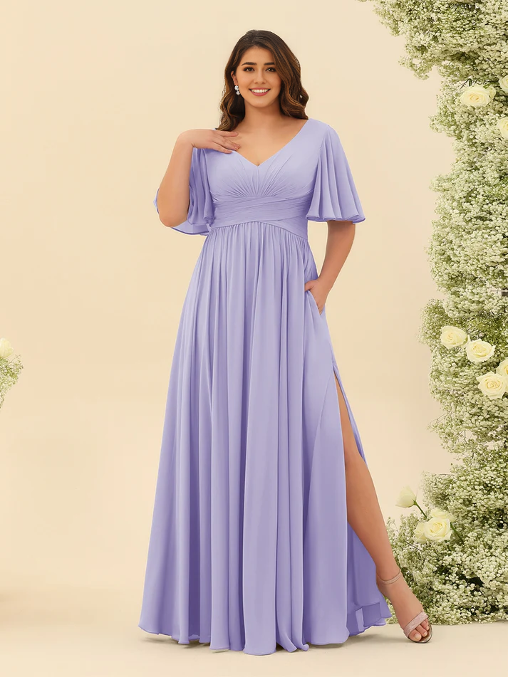 Chiffon Short-Sleeve V-Neck Ruched Bodice High-Slit A-Line Floor-Length Comfortable Bridesmaid Dress