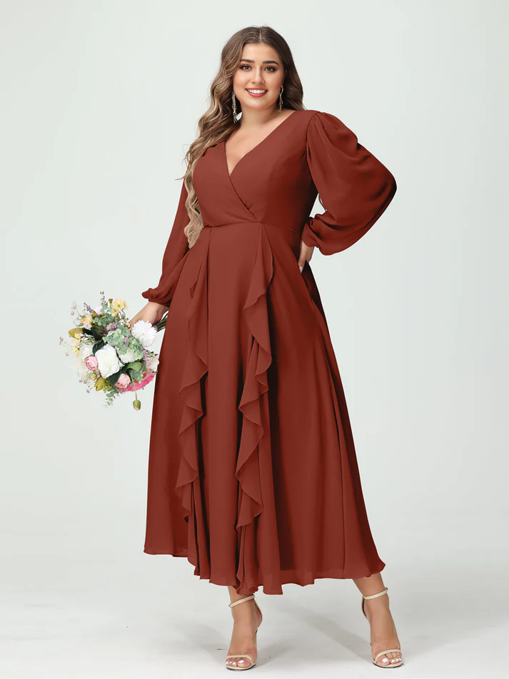 Chiffon Long-Sleeve V-Neck Ruffled Wrap Bodice High-Low A-Line Floor-Length Elegant Bridesmaid Dress