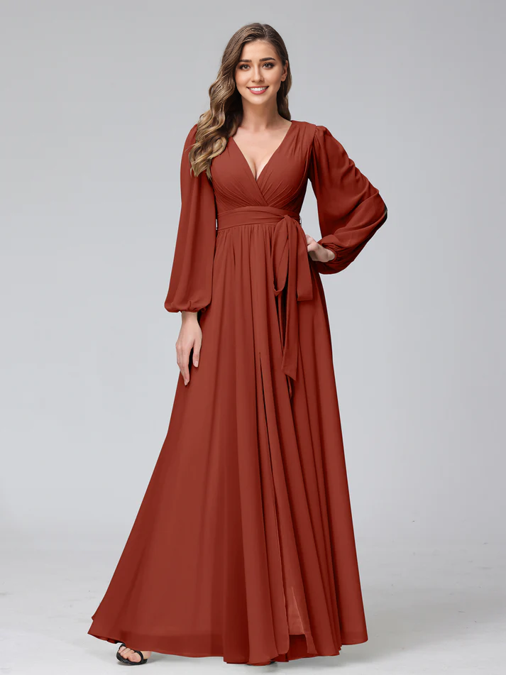 Chiffon Long-Sleeve Deep V-Neck Self-Tie Waist A-Line Floor-Length Soft Mint Bridesmaid Dresses