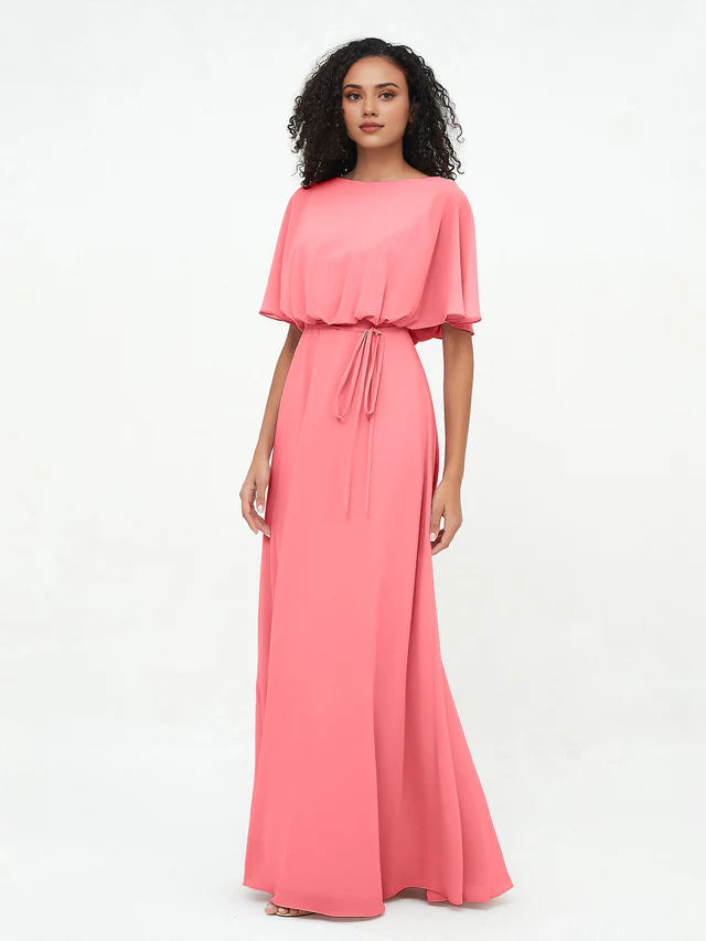 Chiffon Short-Sleeve Boat Neck Tie-Waist A-Line Floor-Length Bridesmaid Dresses