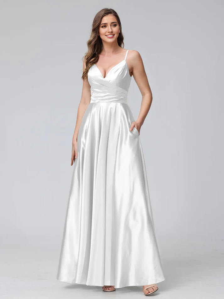 Satin Spaghetti-Strap Sweetheart Neckline Ruched Side A-Line Floor-Length Elegant Bridesmaid Dress
