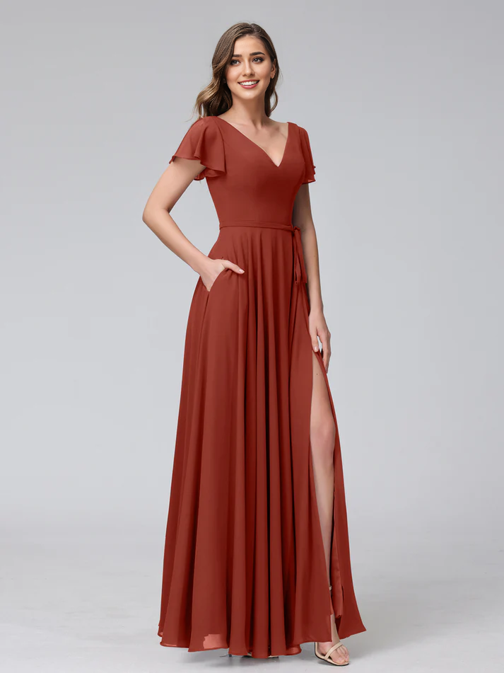 Satin Short-Sleeve V-Neck Ruched Bodice High-Slit A-Line Floor-Length Burgundy Romantic Bridesmaid Dress