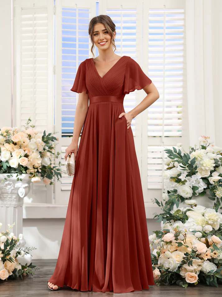 Chiffon Flutter-Sleeve V-Neck Beaded Waist A-Line Floor-Length Blush Pink Bridesmaid Dresses