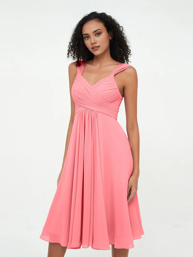 Chiffon Spaghetti-Strap Sweetheart Neckline Ruched Bodice Tea-Length A-Line Bridesmaid Dresses