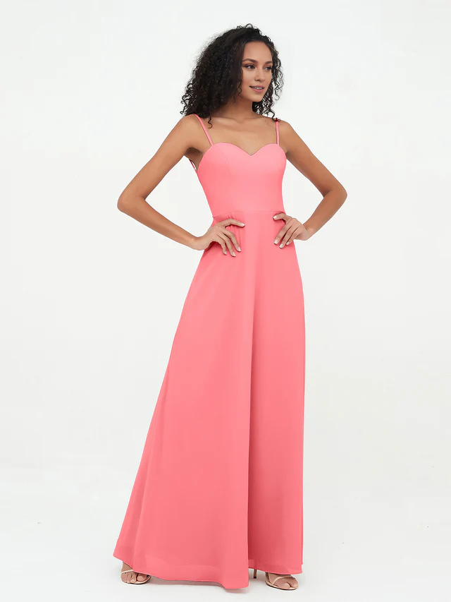 Chiffon Spaghetti-Strap Ruched Bodice Wide-Leg Jumpsuit Floor-Length Bridesmaid Dresses