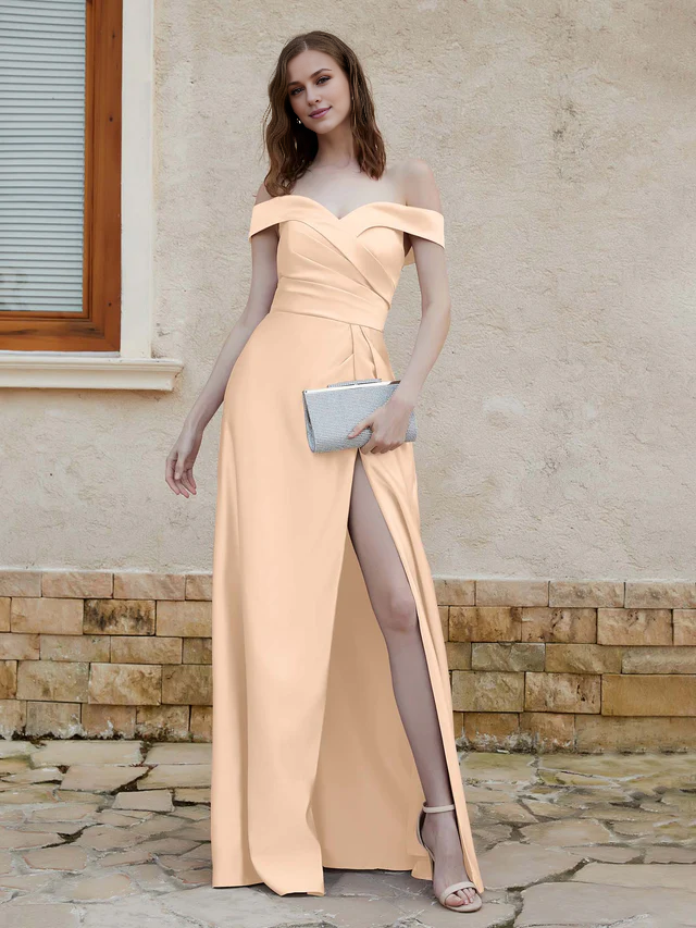 Chiffon Off-Shoulder Sweetheart Neckline Ruched Bodice High-Slit A-Line Floor-Length Bridesmaid Dresses
