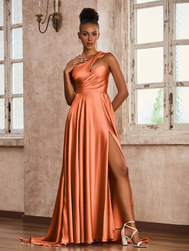 Satin Spaghetti-Strap Ruched Bodice High-Slit A-Line Train Floor-Length Bridesmaid Dresses