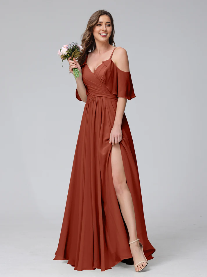 Chiffon Cold-Shoulder V-Neck Ruched Bodice High-Slit A-Line Floor-Length Romantic Bridesmaid Dress