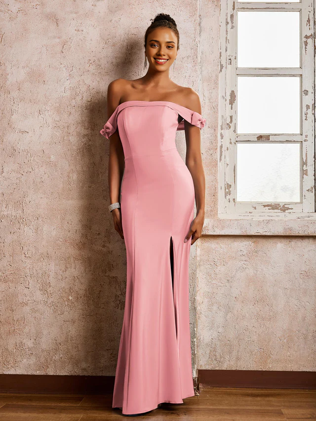 Chiffon Off-Shoulder Sweetheart Neckline Ruched Bodice High-Slit Sheath Floor-Length Bridesmaid Dresses