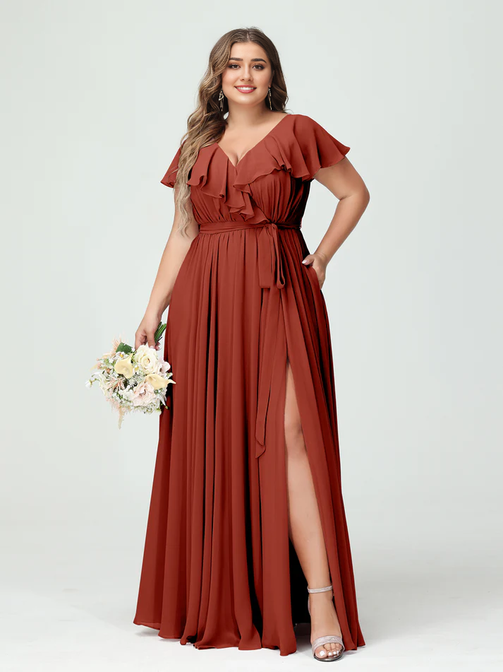 Chiffon Flutter-Sleeve V-Neck Pleated Bodice High-Slit A-Line Floor-Length Romantic Bridesmaid Dress