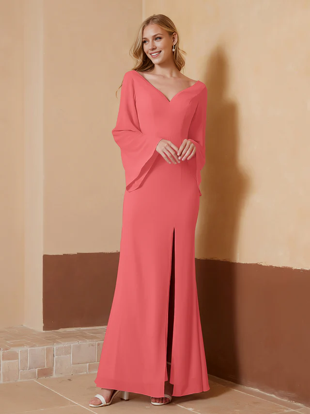 Chiffon Bell-Sleeve Deep V-Neck Ruched Bodice Sheath Floor-Length Bridesmaid Dresses