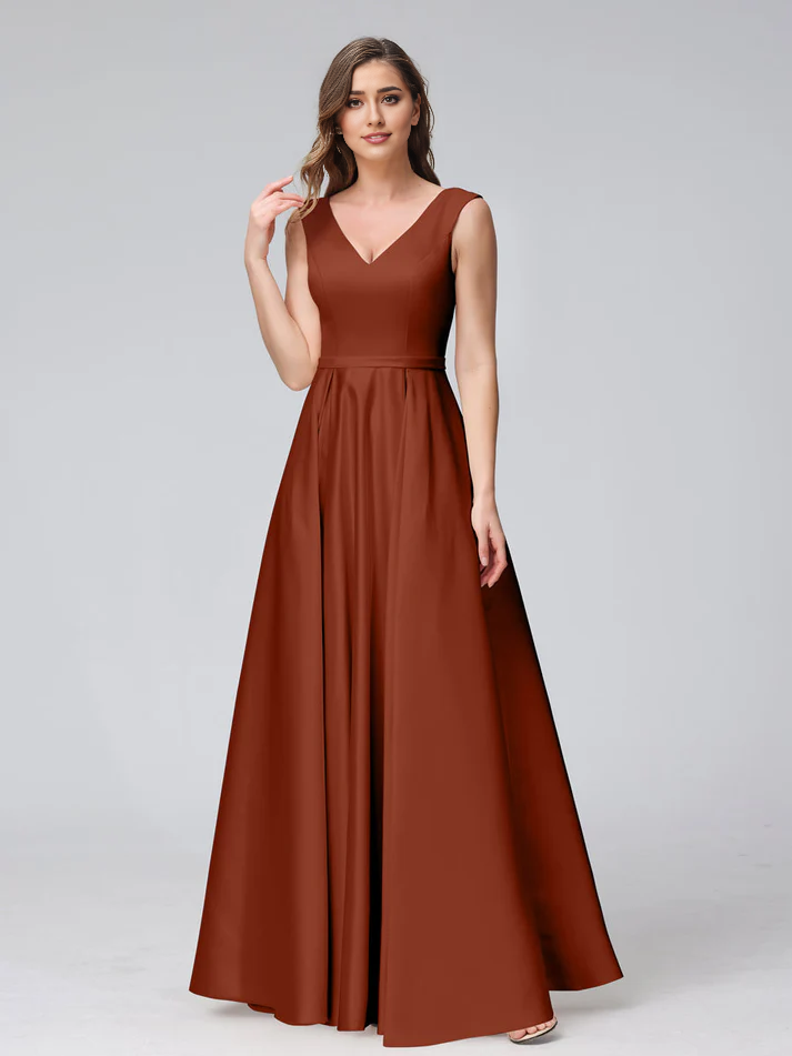 Satin V-Neck Sleeveless A-Line Floor-Length Elegant Bridesmaid Dress