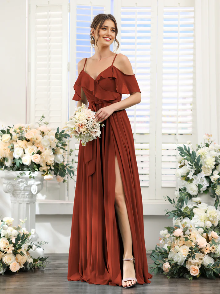 Chiffon Off-the-Shoulder Short-Sleeve Ruched Bodice High-Slit A-Line Floor-Length Elegant Bridesmaid Dress