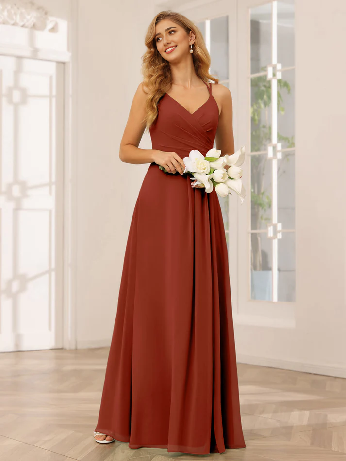 Chiffon Spaghetti-Strap Sweetheart Neckline Ruched Bodice A-Line Floor-Length Romantic Bridesmaid Dress
