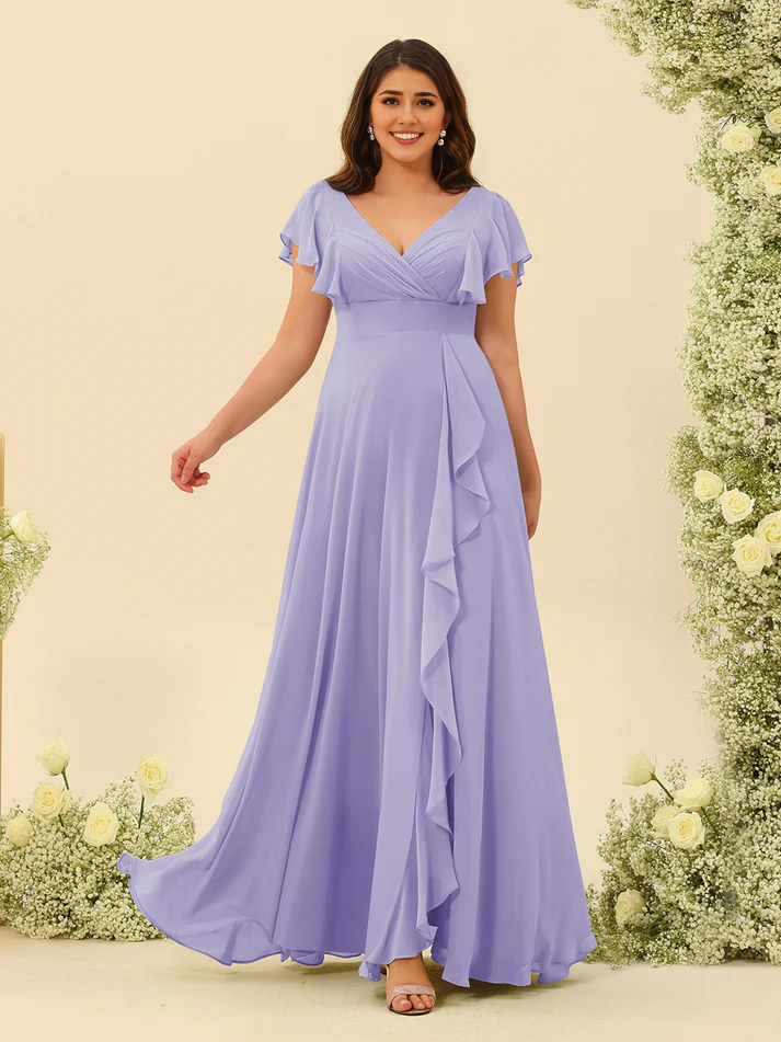 Chiffon Ruffle V-neck Short sleeved Bridesmaid Dress