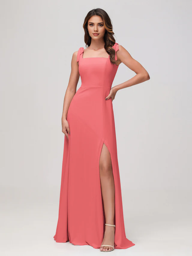 Satin Square Neck Spaghetti-Strap Ruched Bodice High-Slit Sheath Floor-Length Bridesmaid Dresses