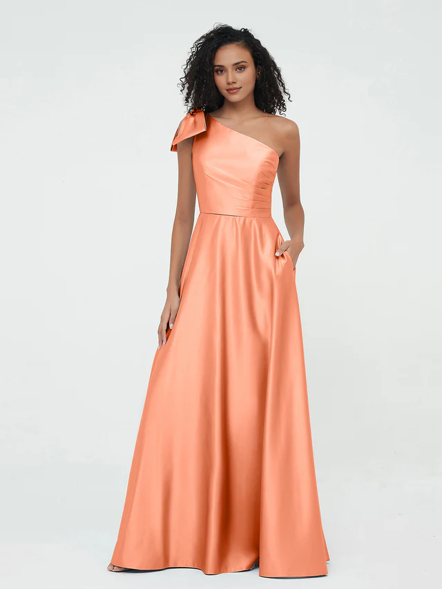 Elegant Satin A-Line One Shoulder Bow Back Maxi Bridesmaid Dress