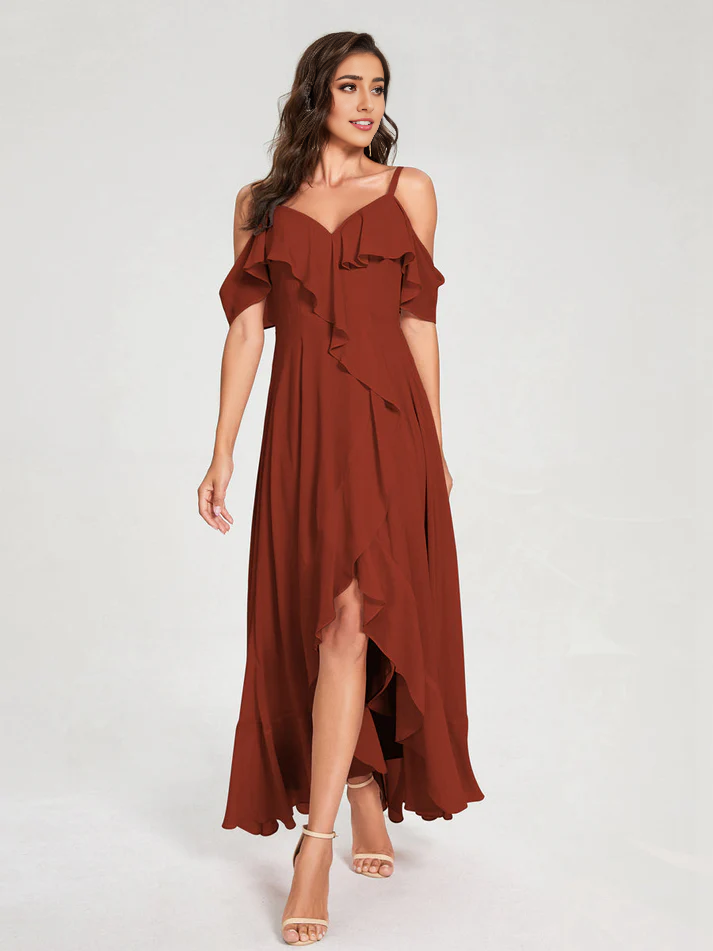 Chiffon Cold-Shoulder Spaghetti-Strap High-Slit Asymmetrical Floor-Length Stylish Bridesmaid Dress