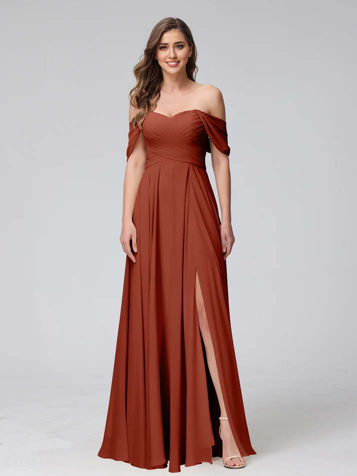 Chiffon Off-the-Shoulder Short-Sleeve Ruched Bodice High-Slit A-Line Floor-Length Elegant Bridesmaid Dress