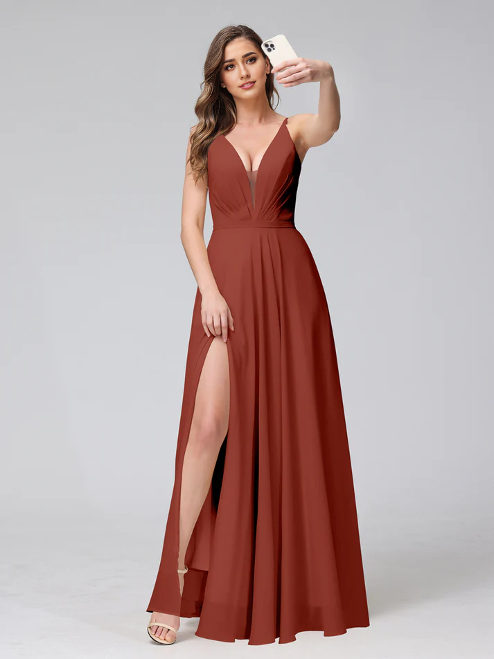 Chiffon Spaghetti-Strap V-Neck Ruched Bodice High-Slit A-Line Floor-Length Romantic Bridesmaid Dress