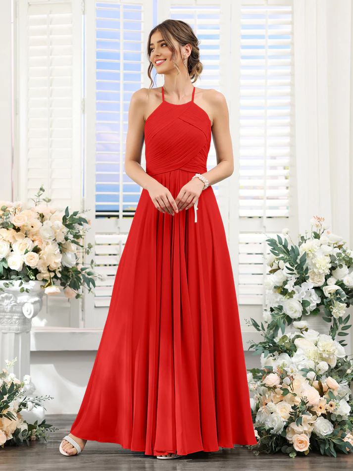 Chiffon Halter Neck Ruched Bodice A-Line Floor-Length Elegant Bridesmaid Dress