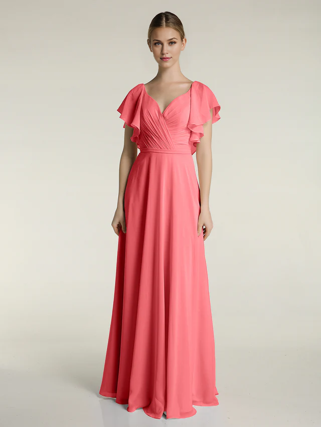 Chiffon Flutter-Sleeve V-Neck Ruched Bodice A-Line Floor-Length Bridesmaid Dresses