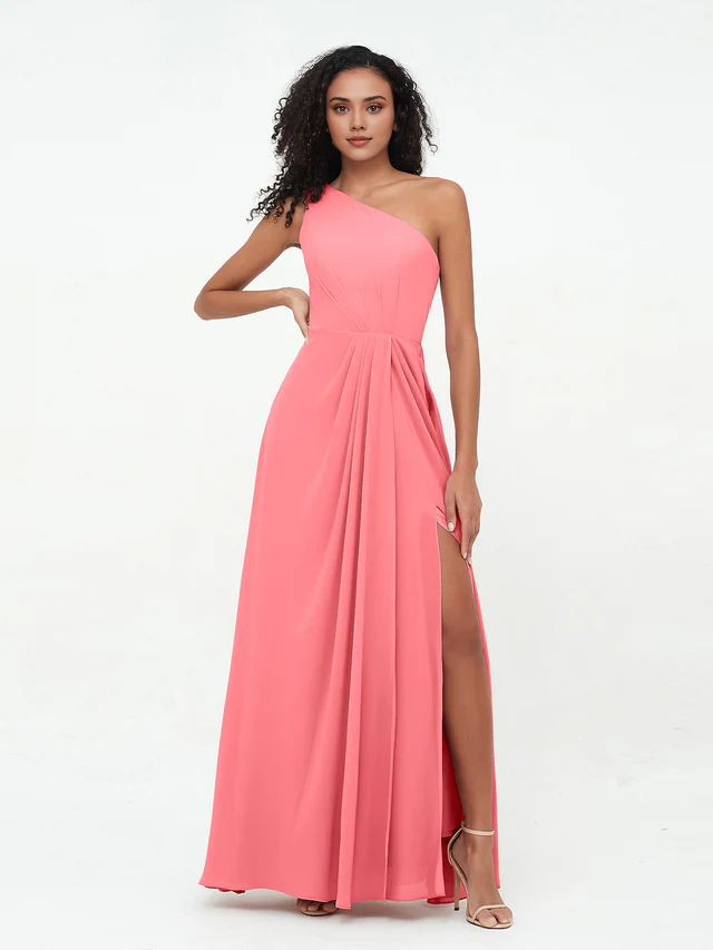 Chiffon One-Shoulder Ruched Bodice High-Slit A-Line Floor-Length Bridesmaid Dresses