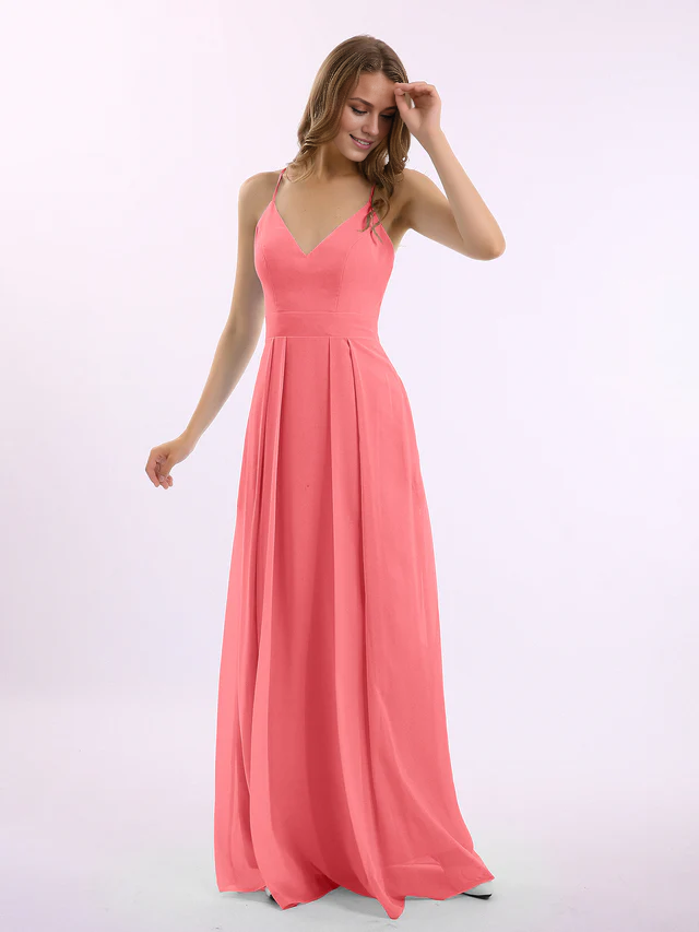 Chiffon Spaghetti-Strap Deep V-Neck A-Line Floor-Length Bridesmaid Dresses