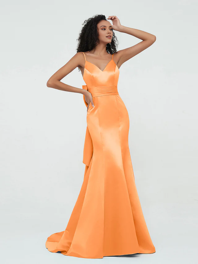 Satin Spaghetti-Strap Deep V-Neck Back Bow Detail A-Line Floor-Length Bridesmaid Dresses