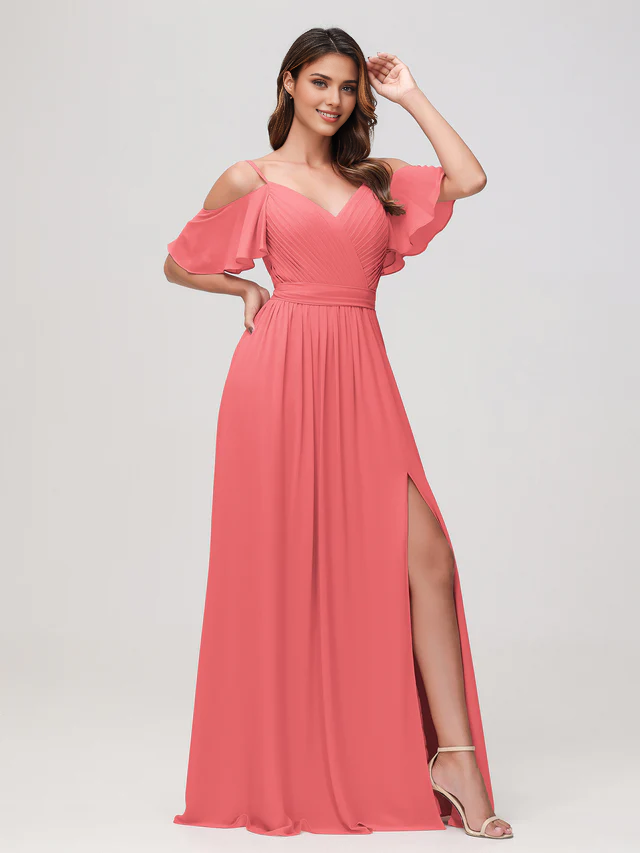 Chiffon Off-Shoulder V-Neck Ruched Bodice High-Slit A-Line Floor-Length Bridesmaid Dresses