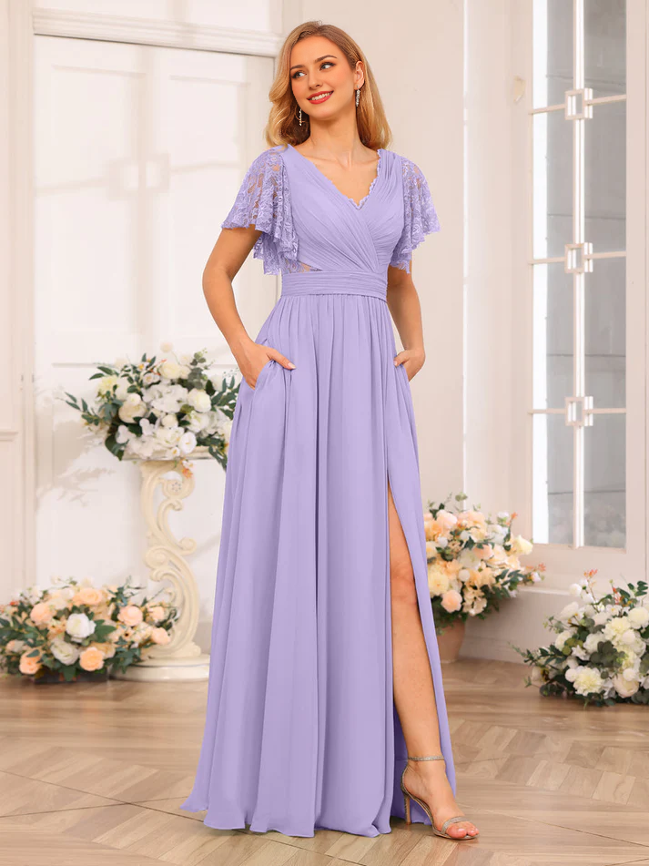 Chiffon One-Shoulder Flutter Sleeve Ruched Bodice High-Slit A-Line Floor-Length Soft Mint Bridesmaid Dresses