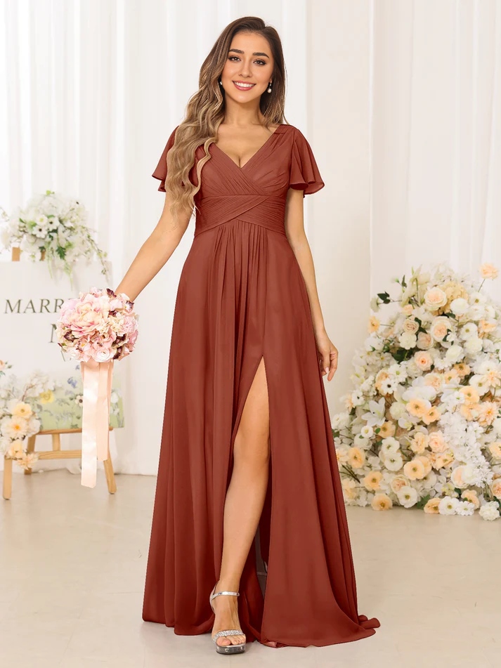 Chiffon Short-Sleeve V-Neck Ruched Bodice High-Slit A-Line Floor-Length Dusty Rose Bridesmaid Dresses