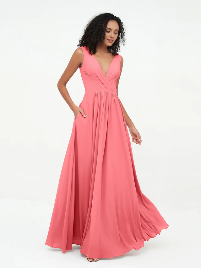 Chiffon Spaghetti-Strap Deep V-Neck Pocketed A-Line Floor-Length Bridesmaid Dresses