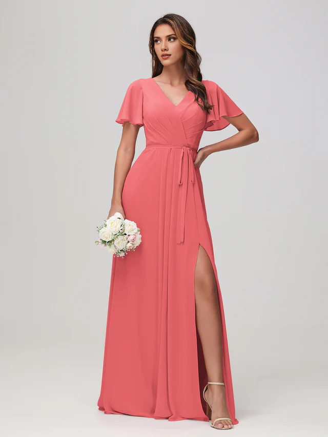 Chiffon Short-Sleeve V-Neck Ruched Bodice High-Slit A-Line Floor-Length Bridesmaid Dresses