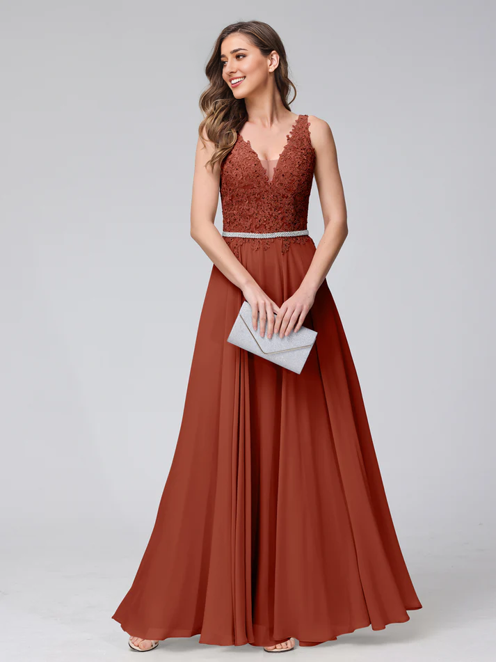 Chiffon Spaghetti-Strap V-Neck Embellished Bodice A-Line Floor-Length Elegant Bridesmaid Dress