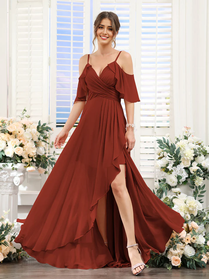 Chiffon Cold-Shoulder Spaghetti-Strap Ruched Bodice High-Low Floor-Length Romantic Bridesmaid Dress