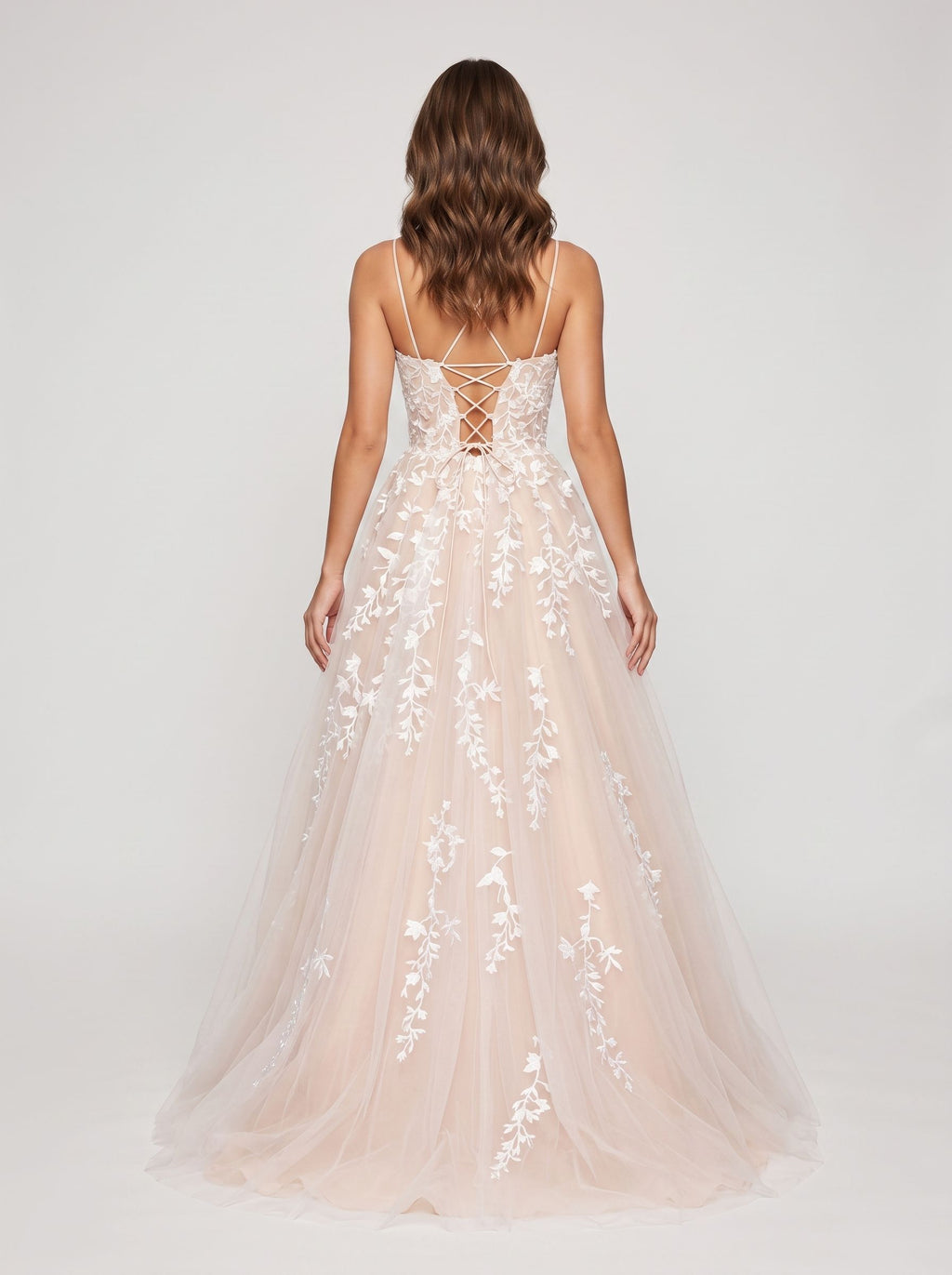 Blushing Pink Tulle A-Line Scoop Neck Lace-up Floor-Length Dress with Ruching