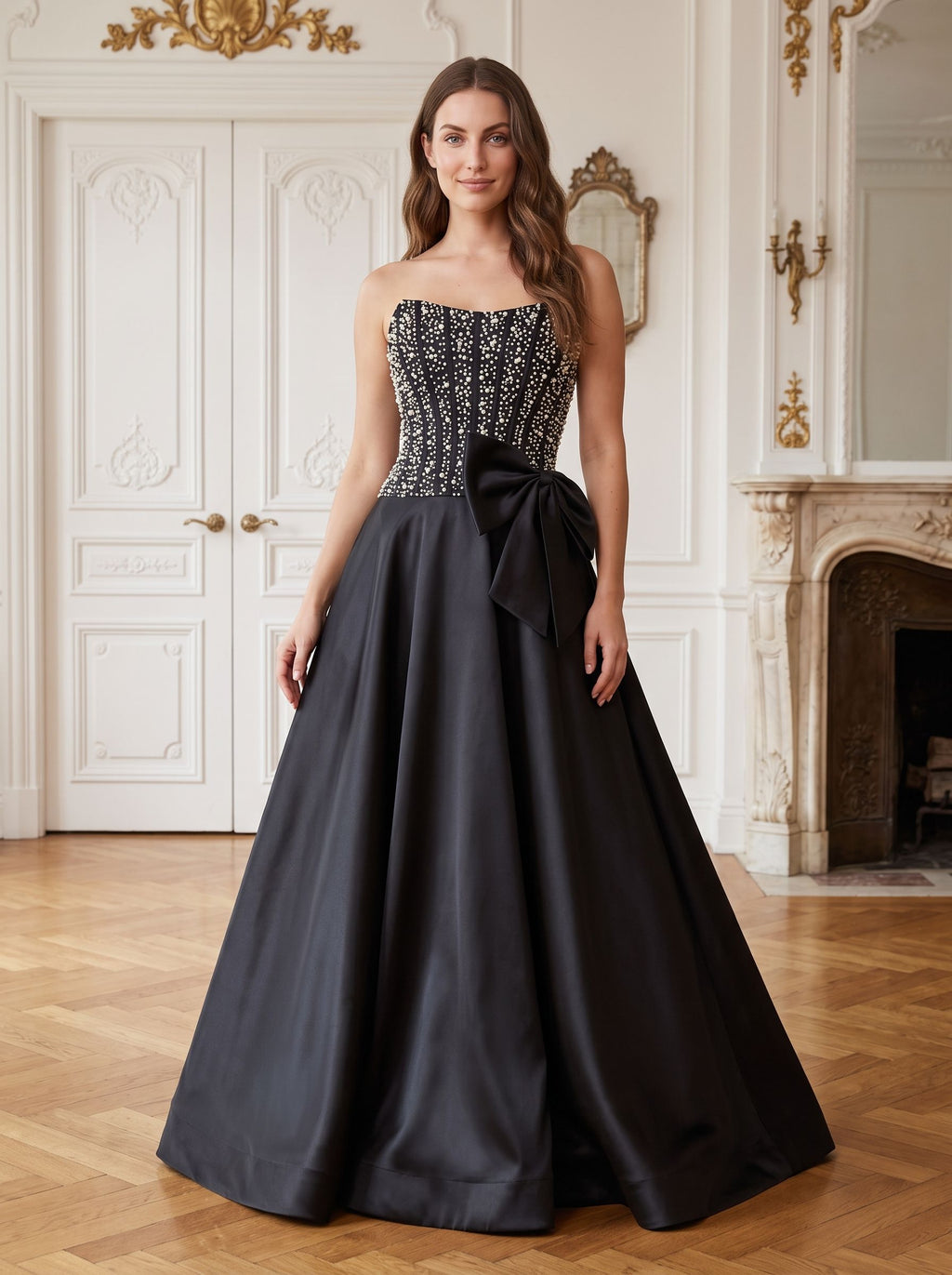 Black Satin A-Line Straight Neck Back Zip Floor-Length Dress with Beaded Bow