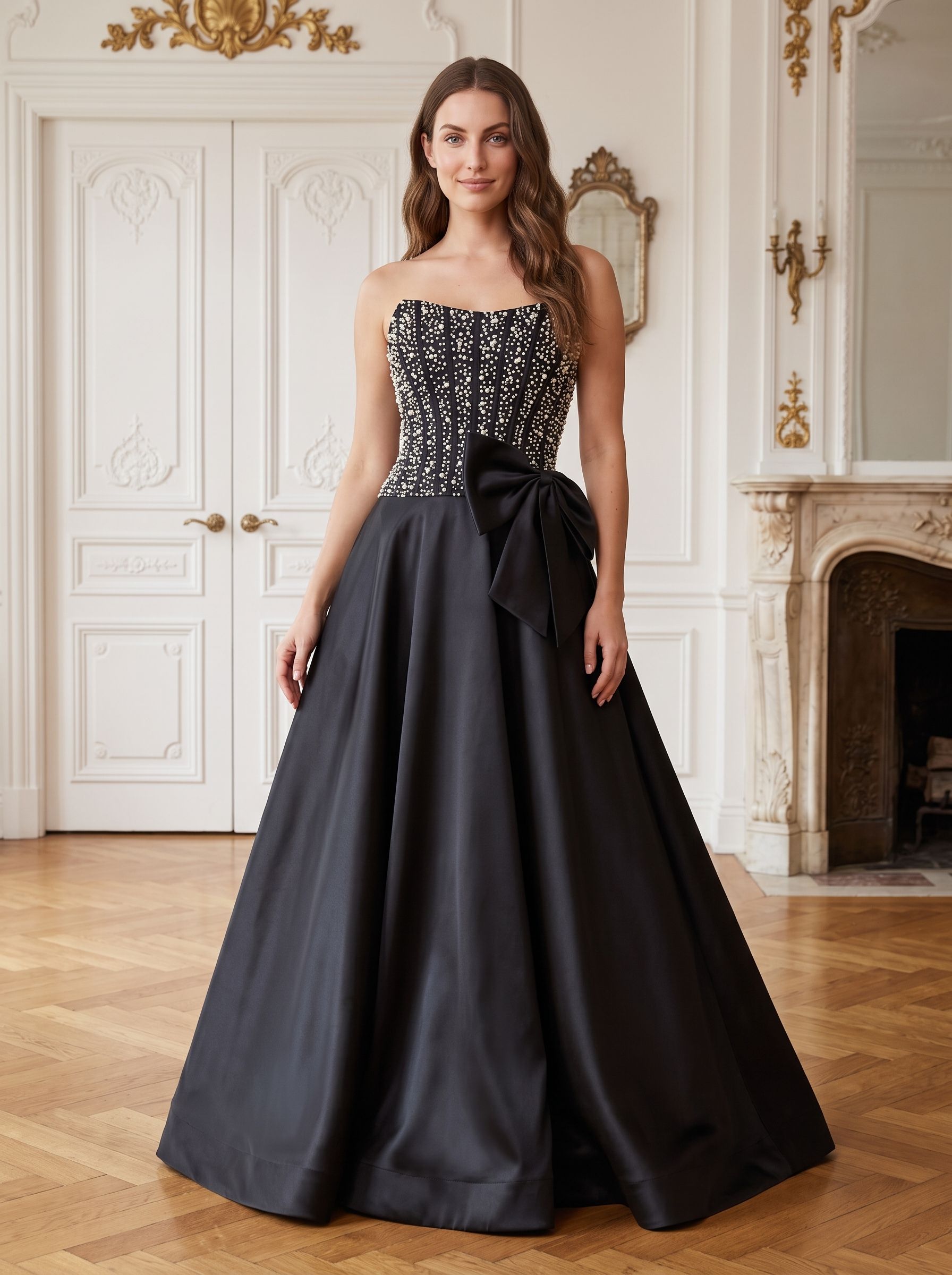 Black Satin A-Line Straight Neck Back Zip Floor-Length Dress with Beaded Bow