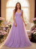 Lavender Tulle A-Line Sweetheart Backless Floor-Length Dress with Bow Shoulder Ties