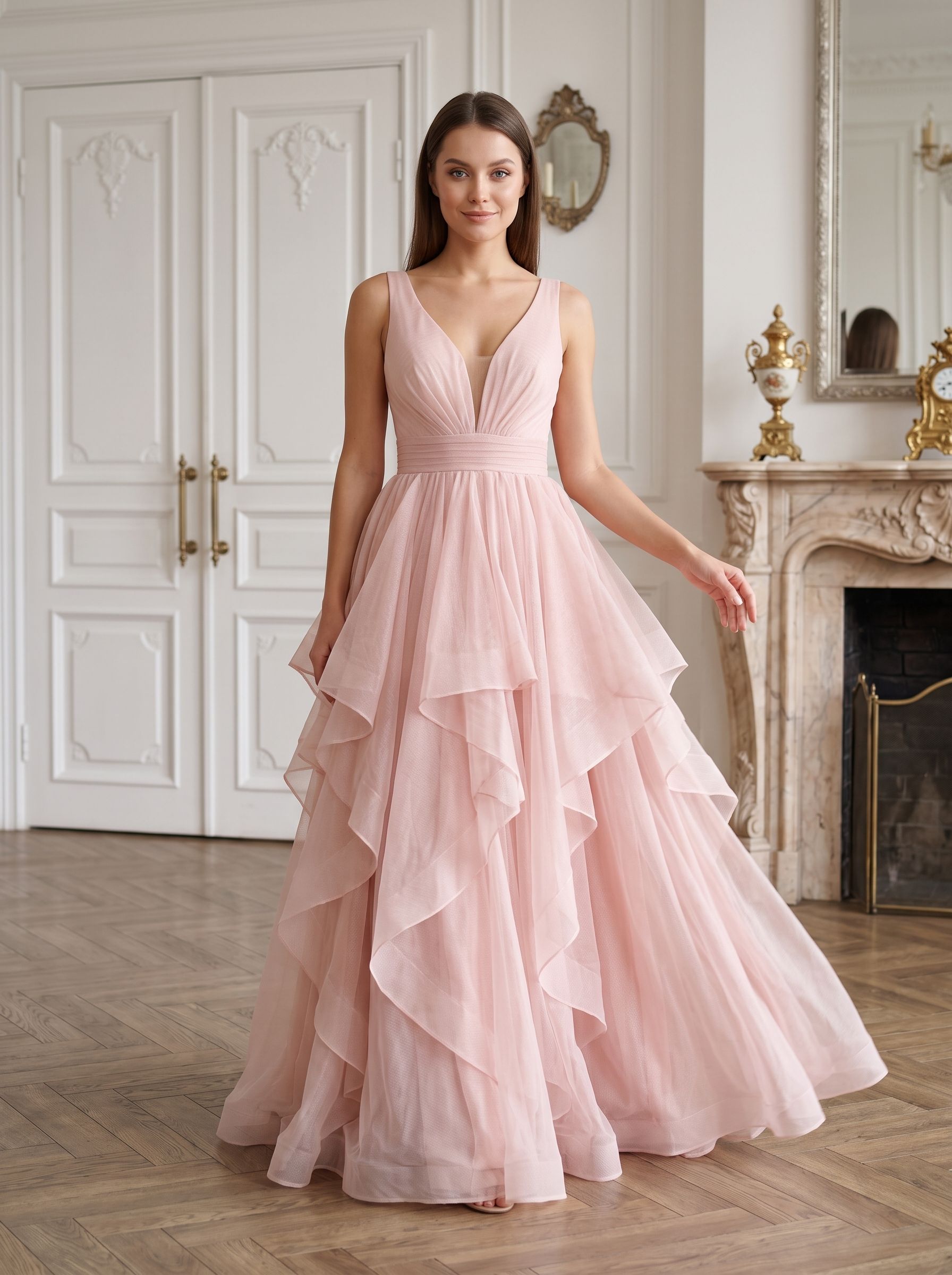 Blushing Pink Tulle A-Line V-Neck Back Zip Floor-Length Dress with Tiered Tulle