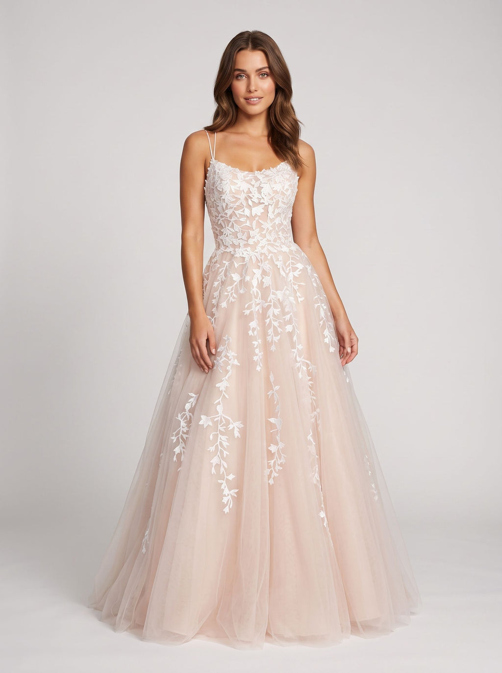 Blushing Pink Tulle A-Line Scoop Neck Lace-up Floor-Length Dress with Ruching