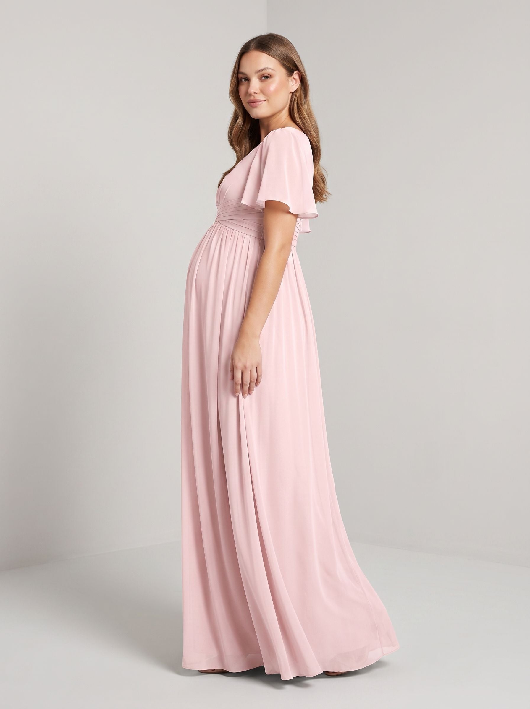 Blushing Pink Chiffon A-Line V-Neck Back Zip Ankle-Length Maternity Bridesmaid Dress