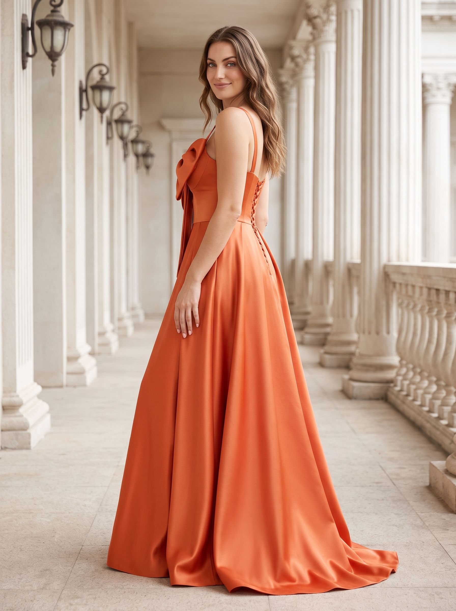 Orange Satin A-Line V-Neck Lace-up Floor-Length Dress with Pleated Bodice
