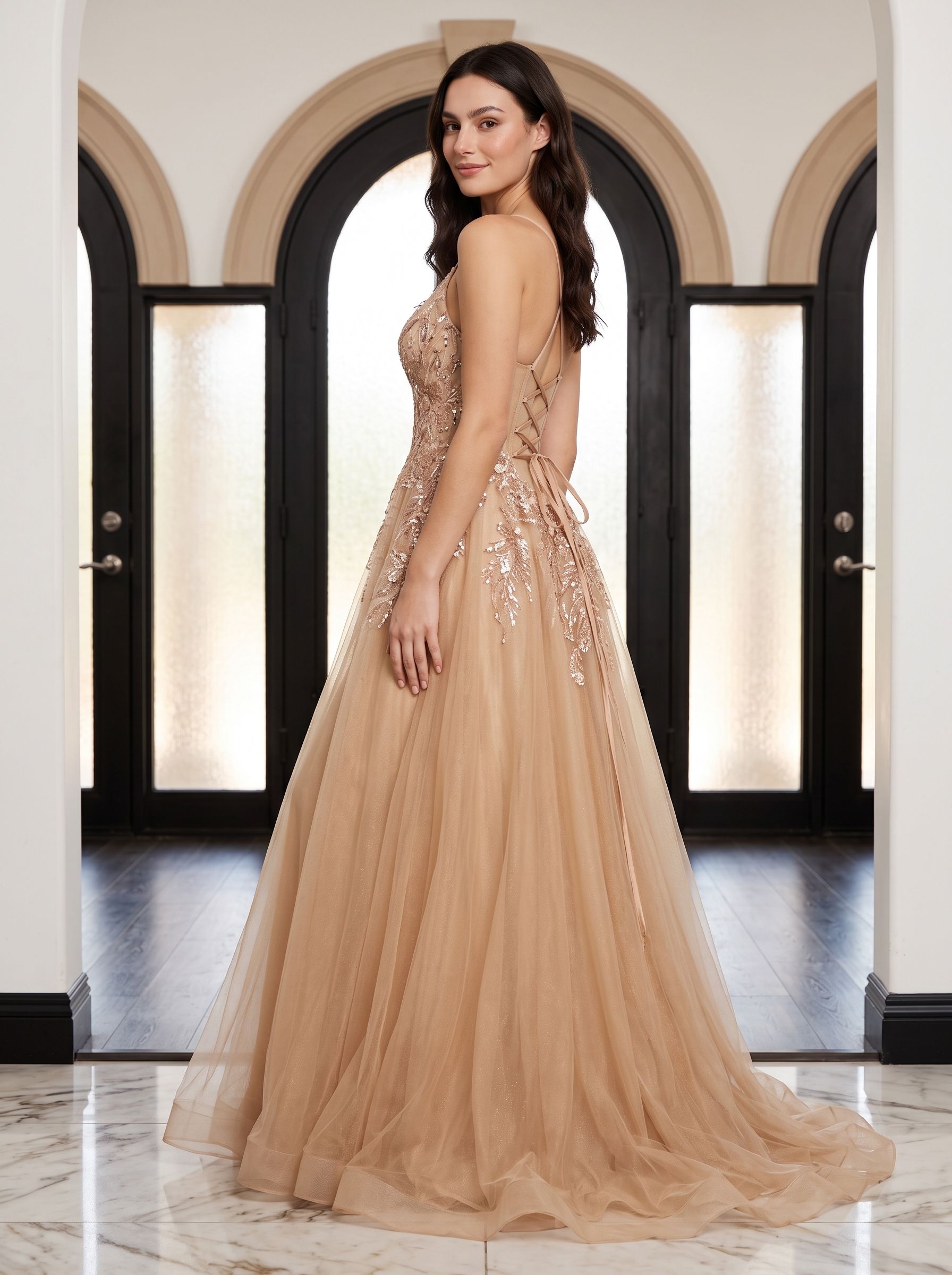 Champagne Tulle A-Line V-Neck Lace-up Floor-Length Dress with Beaded Corset